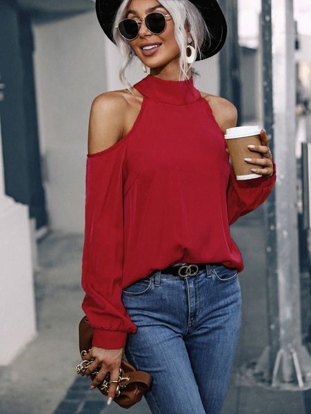 

cold shoulder tie back blouse v0mh#, White