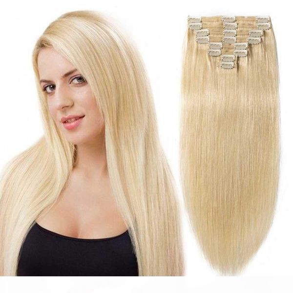 

durable full head natural ombre blonde remy 100% human hair seamless brazilian clip in hair extensions, Black;brown