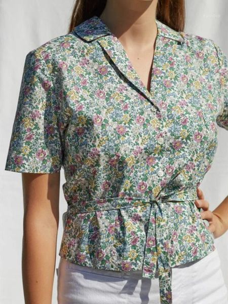 

notched women floral blouse 2020 new short-sleeved single-breasted lady short shirt and with sashes1, White