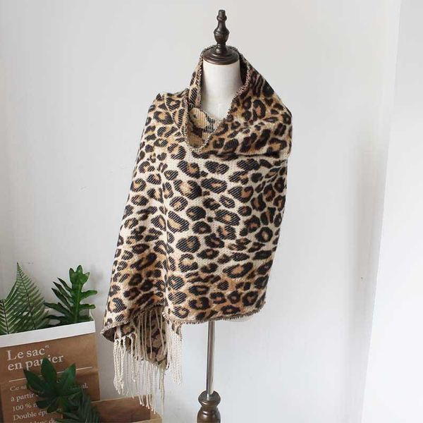 

europe and the united states autumn and winter leopard imitation cashmere jacquard ladies tassel thickening shawl long scarf sca, Blue;gray