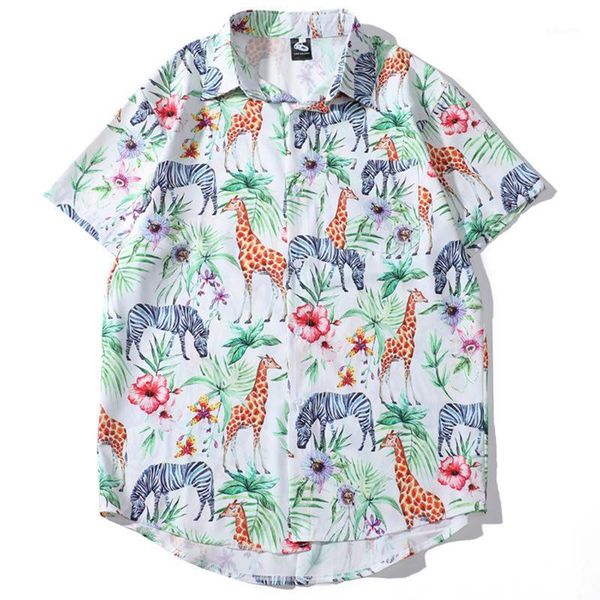 

male japan korea loose beach shirts men summer vintage fashion streetwear hip hop short sleeve casual shirts1, White;black