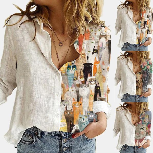 

lovely cat printed print women lovely print long sleeved autumn casual fall 2020 women clothing fashion new shirt1, White