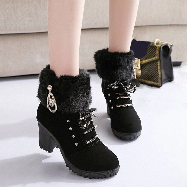 

rimocy fashion crystal faux fur winter boots women casual lace up square heels ankle boots woman chunky platform warm shoes #tb19, Black