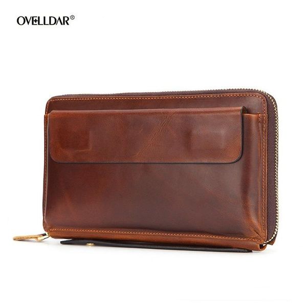 

wallets men's genuine leather long wallest vintage clutch large capacity zipper wallet card holder phone bag for male, Red;black