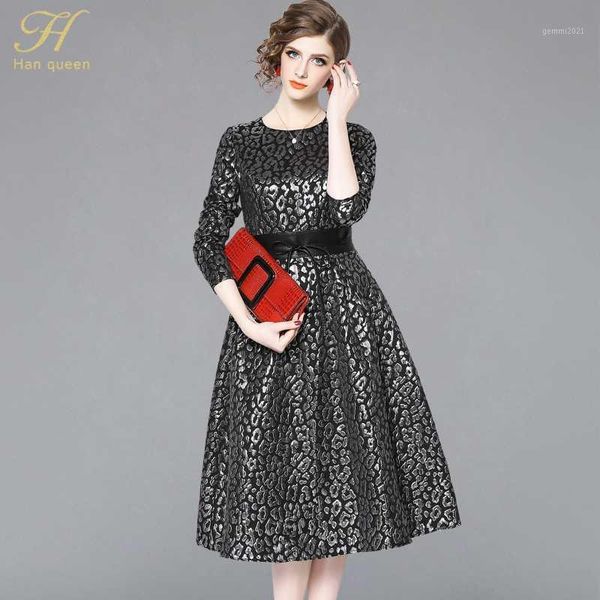 

casual dresses h han queen 2021 spring style women dress elegant vintage printing business office party jacquard dresses1, Black;gray