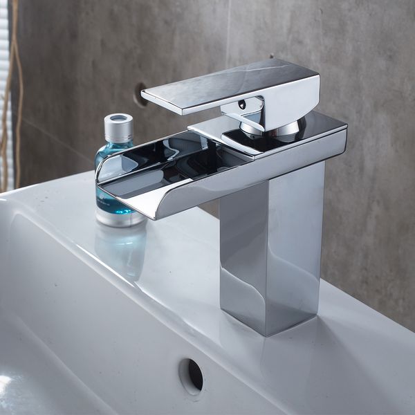 

bathroom faucet, waterfall faucet, hand-washing faucet, chrome low-profile washbasin, wash basin, mixing valve, copper faucet
