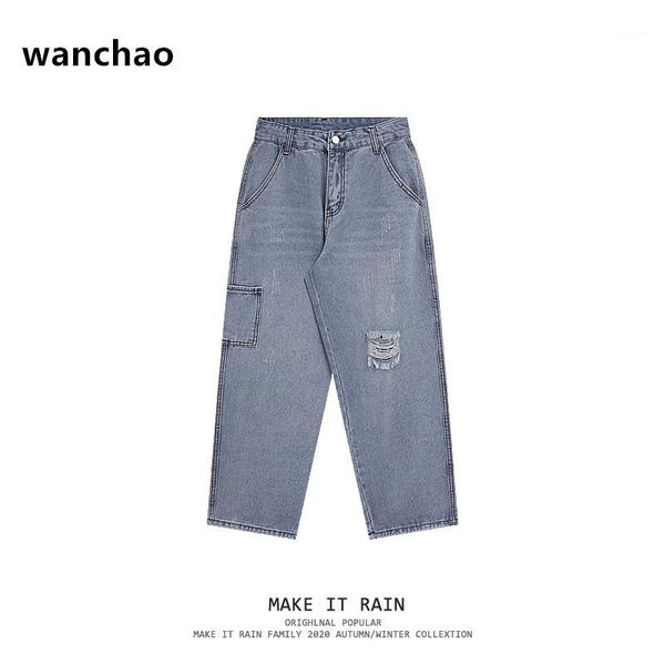 

wanchao jeans sweatpants brand men fashion pants multi-pockets baggy men pants casual trousers overalls joggers1, Blue