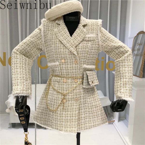 Outono Primavera Mulheres Retro Tweed Emenda Casacos Curtos Terno Casaco De Manta Mulheres Slim Dupla-breasted Jacket com saco de cintura 201106