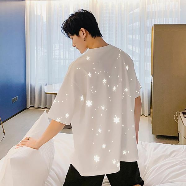 

men's t-shirts ewq / men's wear korean style white half-sleeve t-shirt 2021 summer male's fashion loose reflective printed te, White;black