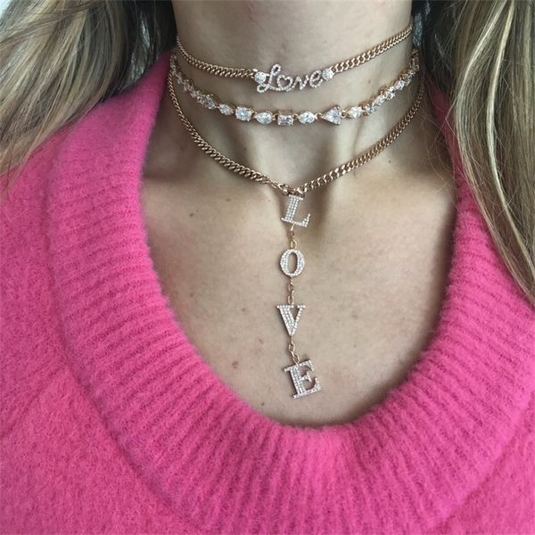 

wide curb cuban link chain women choker lariat multi layer necklace gold rose gold love letter girlfriend gift jewelry y200730, Silver