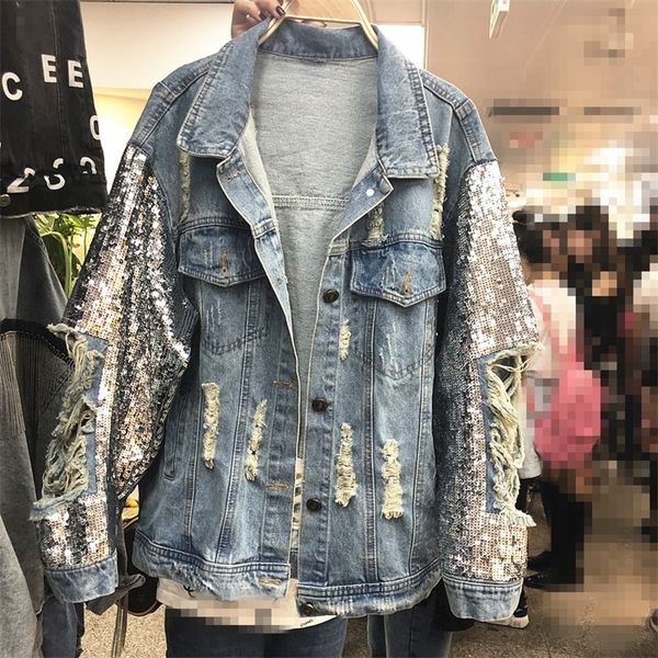 

spring new heavy industry sequins denim jacket women loose jeans coats outwear holes girls lady cowboy jackets streetwear 201210, Black;brown