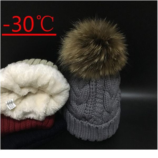 

2020 skullies beanies winter hat for women warm hat fashion brand knitting warm cap 18cm fur pompom hat cap leisure fash qylkns