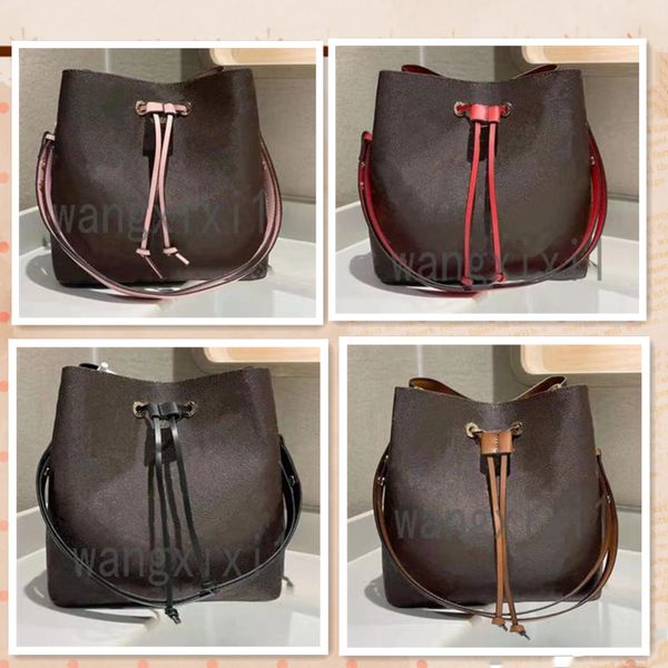 

shoulder bag colorful cowhide leather drawstring and strap accents women design bucket bag ladies causal neonoe