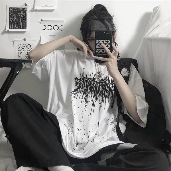 

punk gothic t-shirts loose streetwear harajuku letter print summer short sleeve vintage women black dropshipping plus size, White