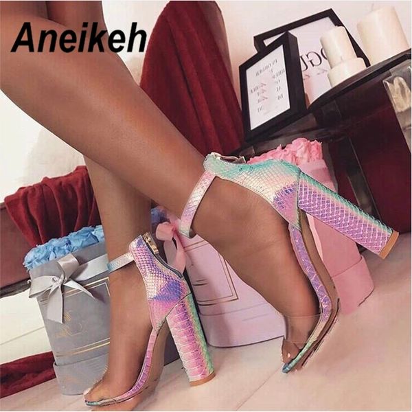 

aneikeh sweet pvc transparent summer sandals women zipper cover heel square high heels shoe shallow party office blue pink y200405, Black