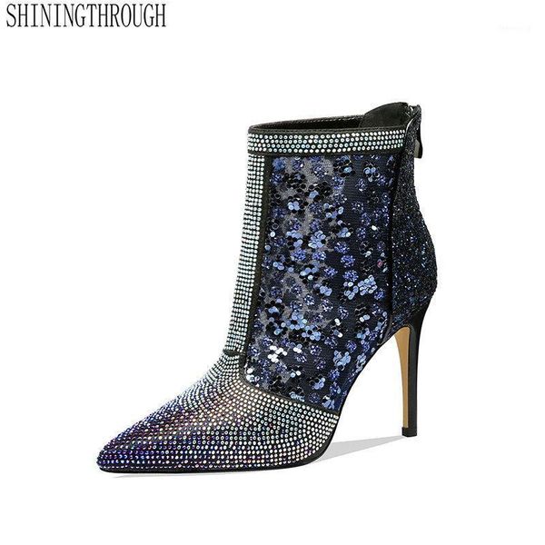 

boots women ankle boots mesh silk thin high heels party wedding summer shoes woman pointed toe zipper basic1, Black