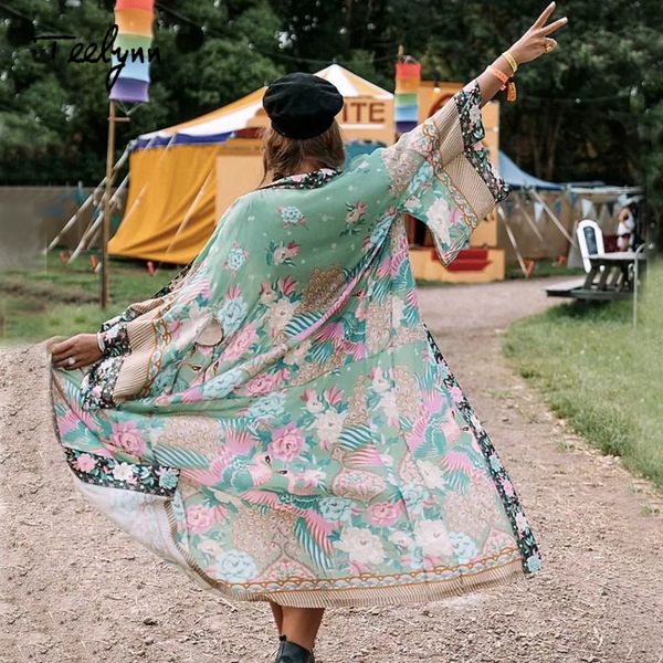 

ayualin kimono wrapped dress for women rayon boho green floral print summer dresses beach wear long dresses vestidos verano 2019 y200805, Black;pink