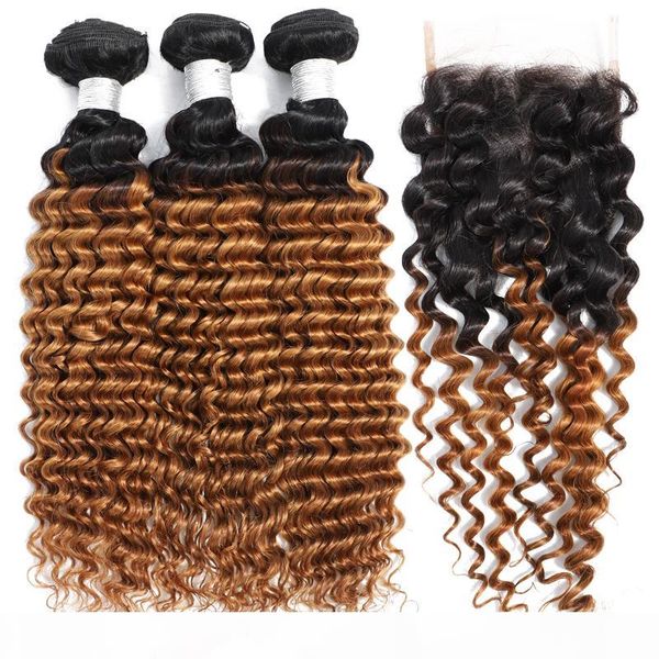 

omber color deep wave hair bundle with closure peruvian human hair bundle with closure 1b 27 color hair weave, Black