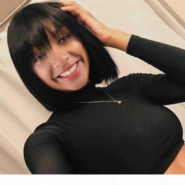 

short bob silky straight peruvian human hair full lace wigs bangs hairs pre plucked natural hairline lace front wig bleached knots, Black;brown