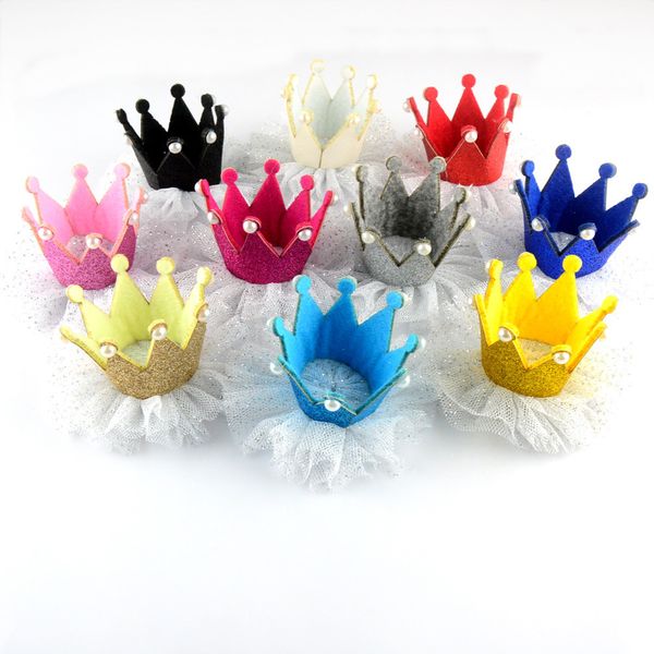

30pcs/lot gold glitter felt crown with white tulle flowers unfinished 1st birthday p prop diy headband hair clips gc05 y200710, Slivery;white