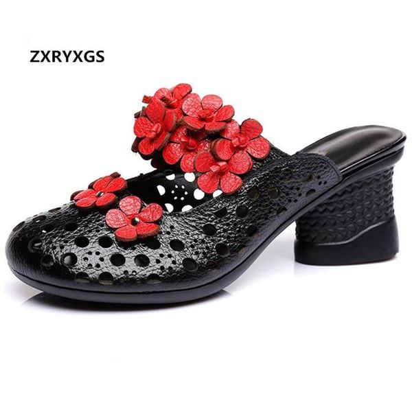 

promotion 2020 new summer women sandals flower hollow cowhide leather slippers sandals thick heel shoes woman fashion, Black