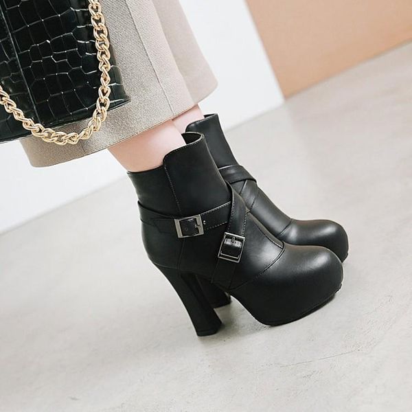 

pxelena square chunky block high heels ankle boots female shoes round toe buckle platform punk rock goth short boots women 34-43, Black