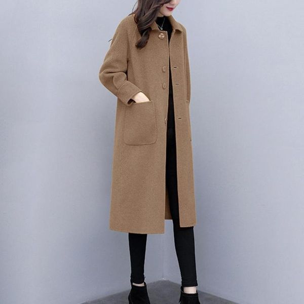 

comfort soft warm solid button cardigan coat women fashion trend turn down collar long sleeves pocket long overcoat, Black