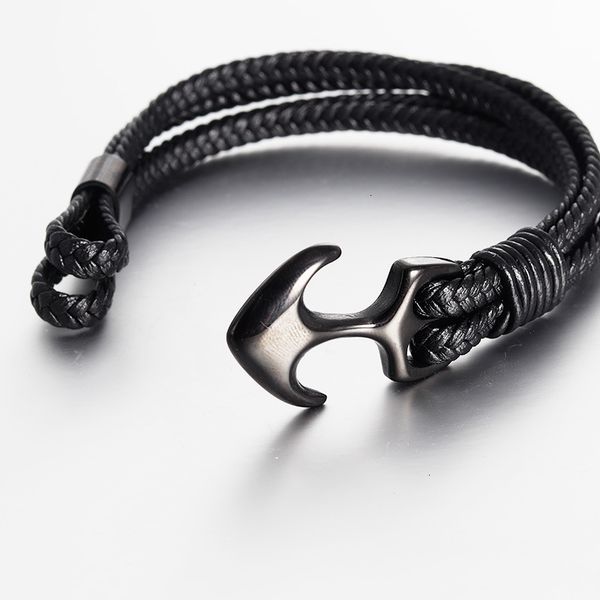 

personality men's titanium steel black high woven quality anchor leather rope bracelet for men gift