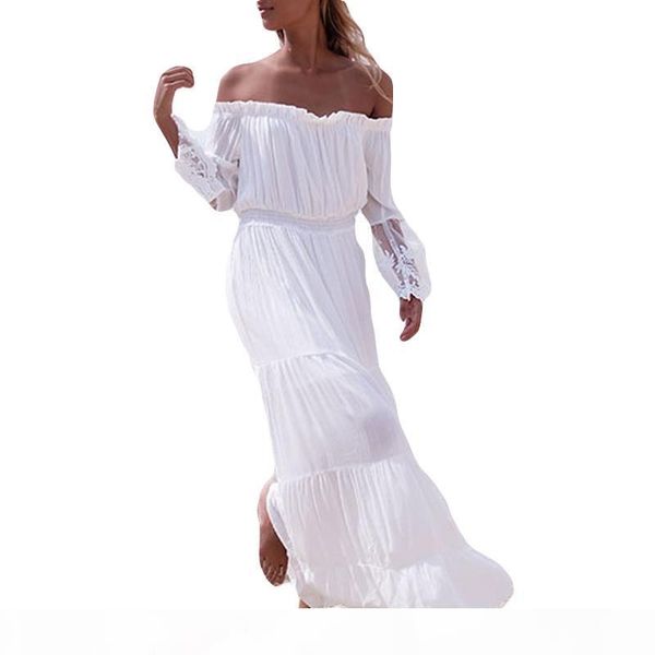 

women white dress off shoulder long sleeve lace patchwork tunic maxi dress boho beautiful beach long dress, Black;gray