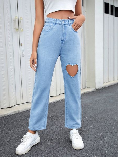 

high waist cut-out jeans b9wd#, Blue