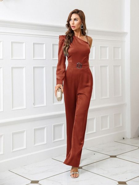 

satin asymmetrical neck gigot sleeve jumpsuit 63tu#, White