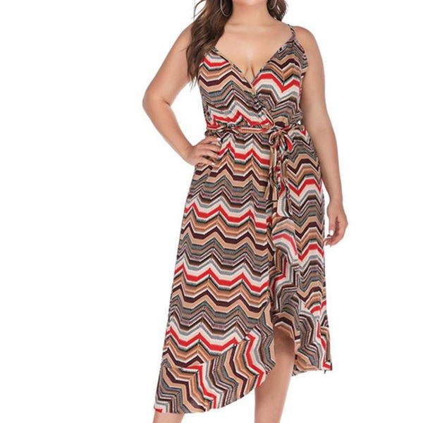 

new summer printed v-neck suspender dress resort style irregular long skirt large women's wear, Black;gray