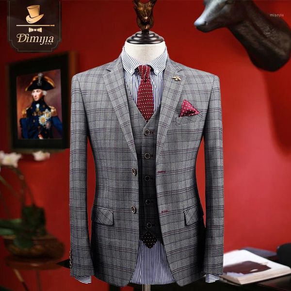 

brand clothing grey plaid 3 pieces men formal wedding suits boy prom suits men tuxedo coat+vest+pant slim fit dress1, White;black