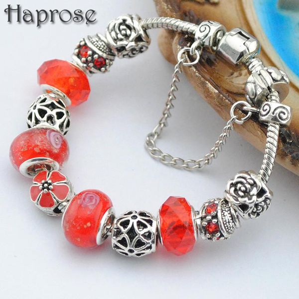 

charm bracelets red crystal heart bracelet for women enamel flower beads diy pulseira gfit, Golden;silver