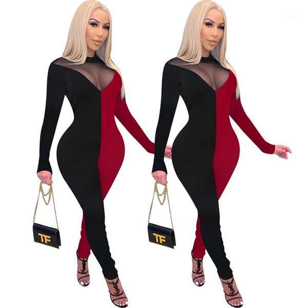 

designer jumpsuits fashion two colors panelled long sleeve long pants womens jumpsuits casual females clothing perspective womens, Black;white