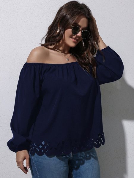

plus off shoulder laser cut out blouse w63w#, Black