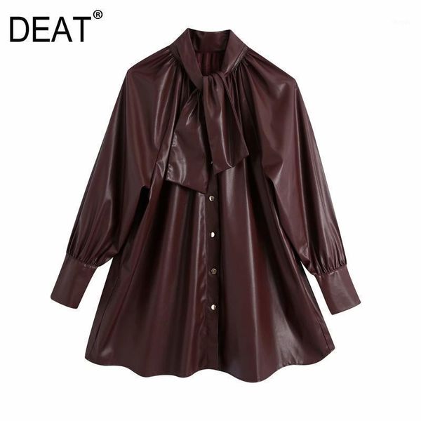 

deat 2021 new turn-down collar full sleeves wine red single breasted lantern bow pu leather shirt female fashion wp122031, White