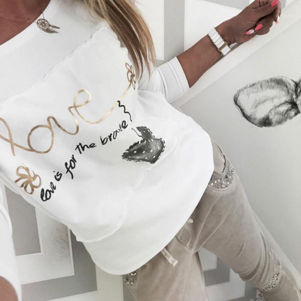 

fashion women 2019 spring t-shirts letters love printed patchwork o-neck tee shirt long sleeve casual white plus size gv3771