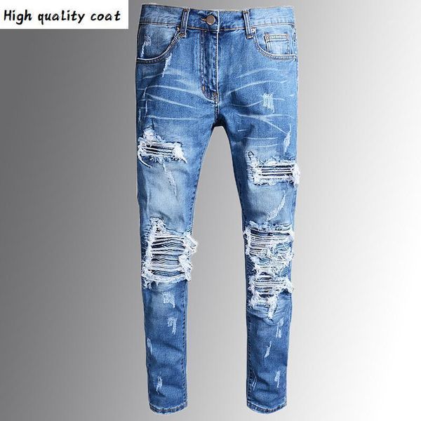

jeans, blue fabric design with folded and torn motorcycle holes, skinny jeans and elastic wear1
