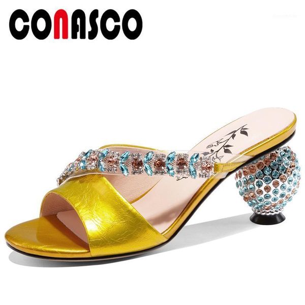 

dress shoes conasco summer arrival fashion women sandals slippers pumps genuine leather crystal wedding casual high heels woman1, Black