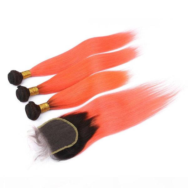 

two tone #1b orange ombre virgin peruvian human hair 3 bundles deals with 4x4 lace closure piece straight ombre orange human hair weaves, Black;brown