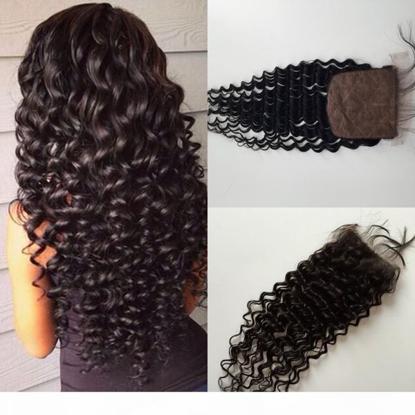 

new brazilian virgin hair silk base closure deep wave 4x4 silk closure 8-24inch bleached knots with baby hair, Black