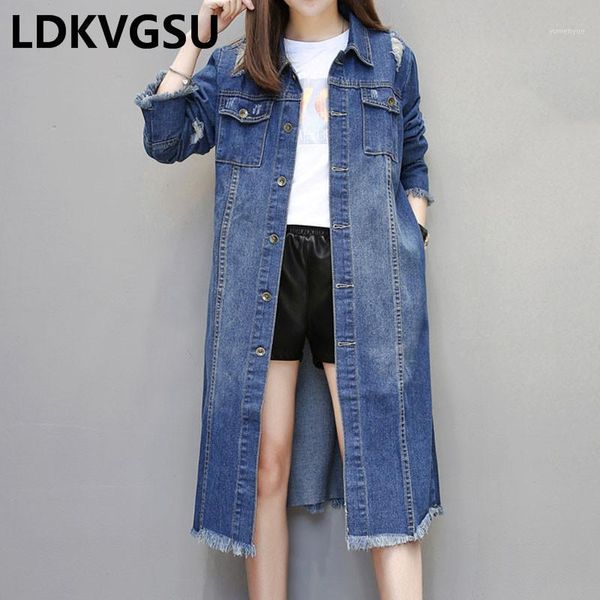 

2020 spring autumn large size women cowboy jacket loose casual long windbreaker lapel vintage frayed denim coat is1801, Tan;black