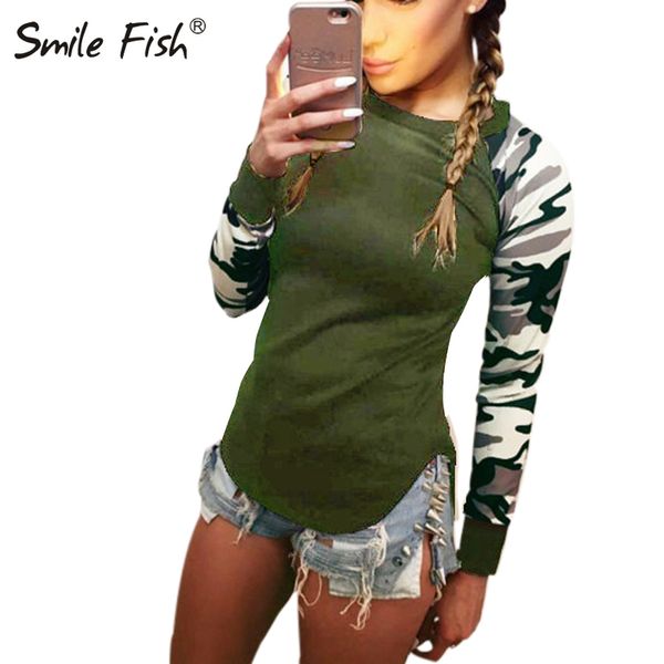 

spring autumn patchwork army camouflage women t shirt long sleeve o-neck ladies t-shirts casual plus size lx073 201125, White
