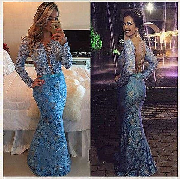 

full lace sheath prom dresses beads sheer open back plunging neckline bow sash long sleeve evening party dress special occasion gowns, Black
