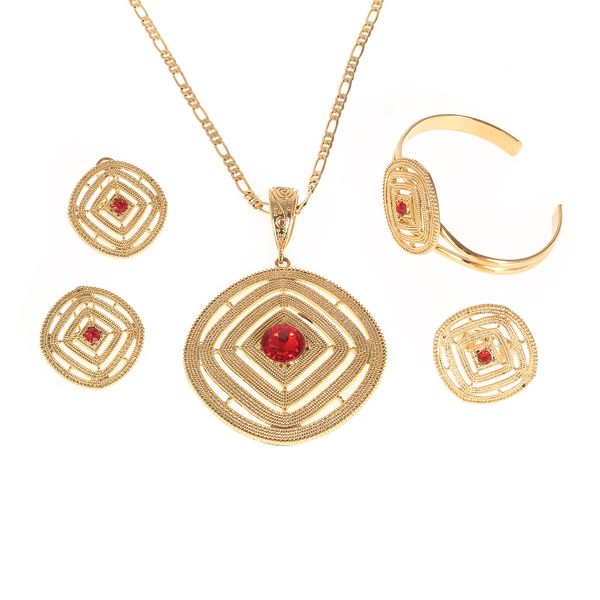 

new ethiopian luxury jewelry sets red zirconia pendant necklaces earrings ring cuff bracelet habesha wedding africa gift, Black