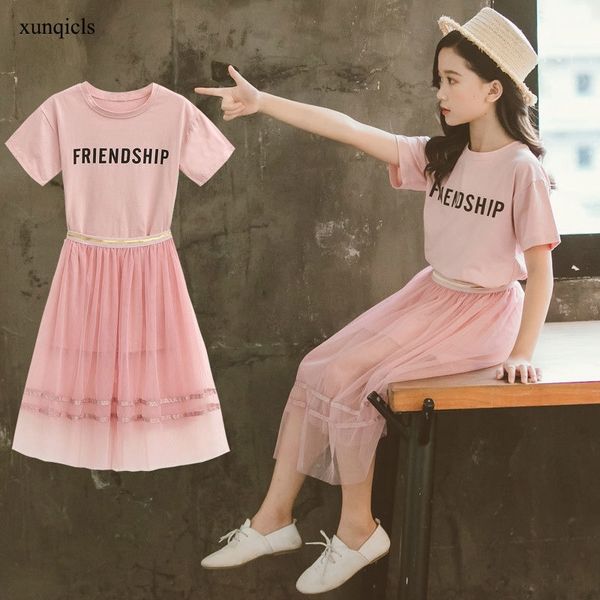 

kids summer clothing sets girls long t-shirt +skirt 2pc suits children short sleeve outwear baby girl clothes 4-13year y200525, White