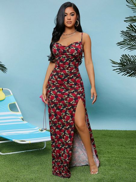 

sxy draped neck split thigh floral print slip dress y1im#, Black;gray