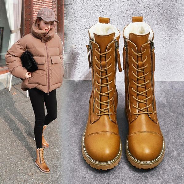 

boots split leather women's shoes t 2021 warm winter snow female booties plush platform women flat with g9751, Black