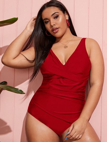

plus solid ruched one piece swimsuit x69p#, Black
